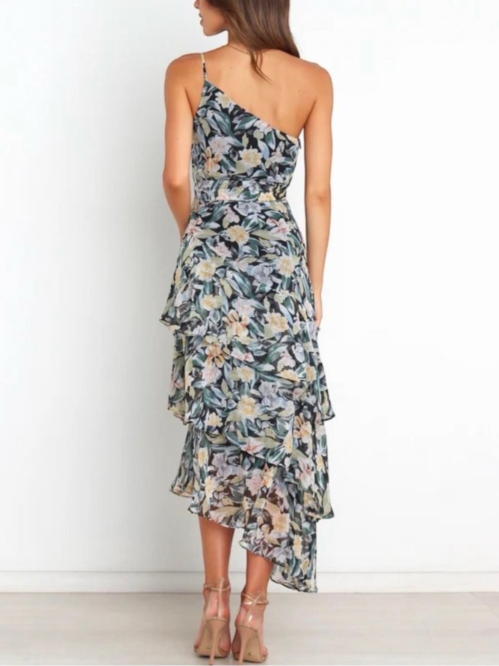 Petal & Pup One-Shoulder Floral Tiered Midi Dress in Navy and Green - Picture 3 of 7